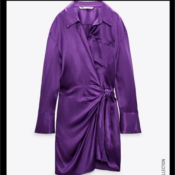 Zara Purple Satin Effect Wrap Dress Long Sleeve Collar Slip Dress Small - Picture 5 of 11